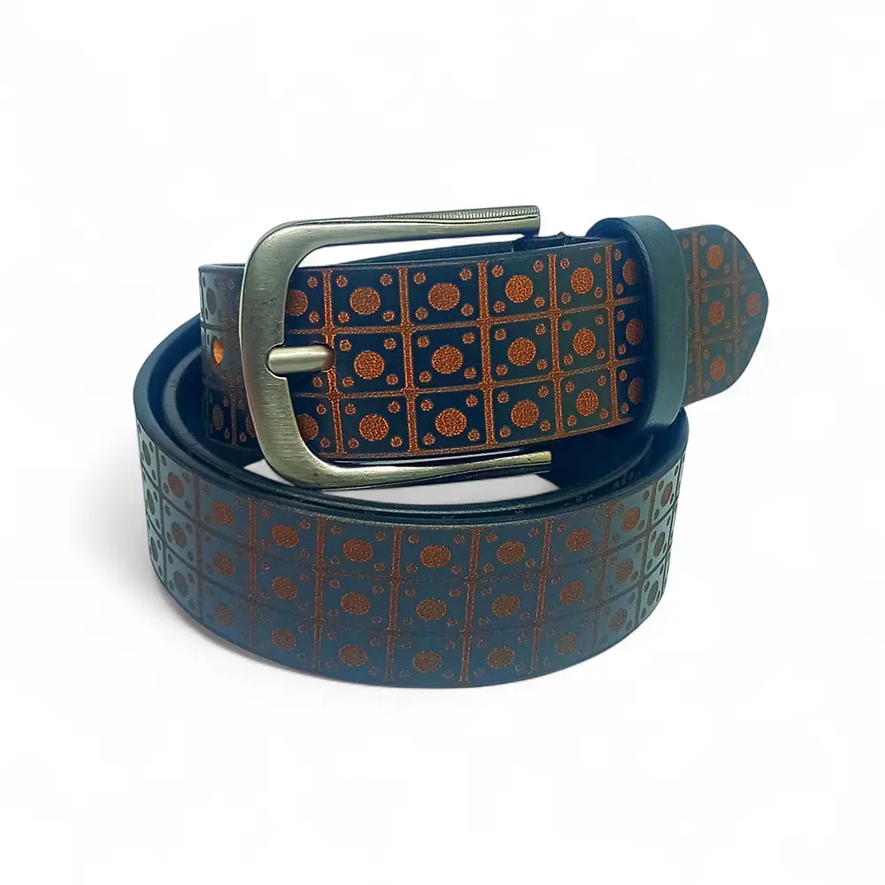 Men’s Premium Full Grain Leather Belt – Brown with Geometric Pattern & Antique Finish Buckle LB-312