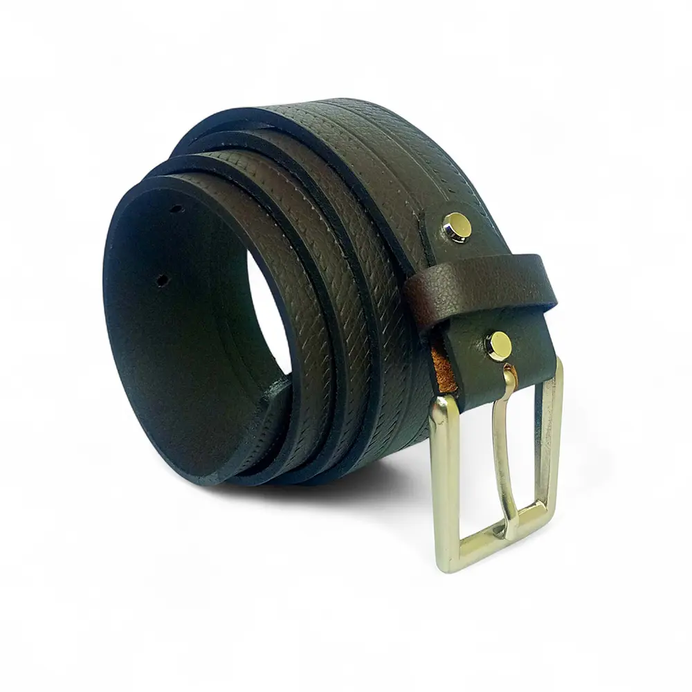 Men’s Black Leather Belt with Double Stitch Design & Brass Pin Buckle – LB-316