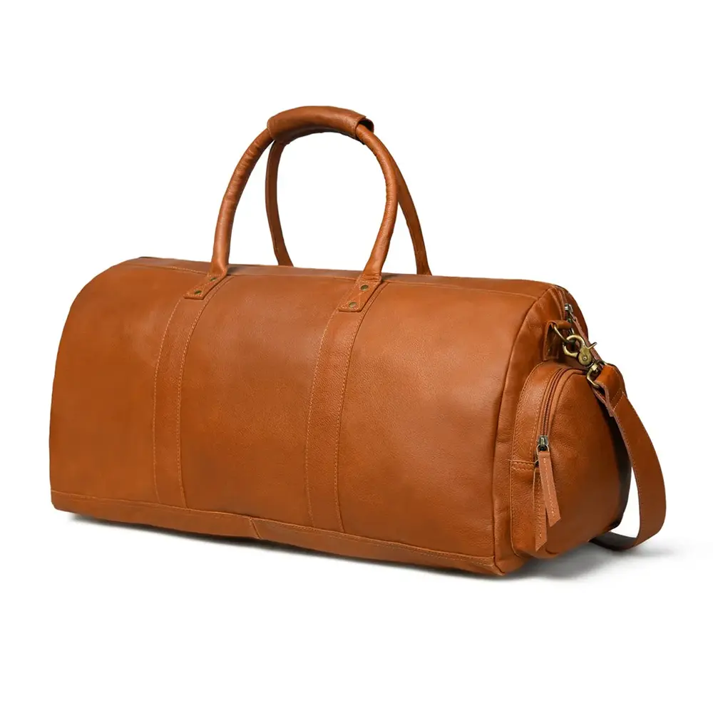 Premium Full Grain Leather Travel Duffle Bag – 22 Inch Tan Weekender with Shoulder Strap