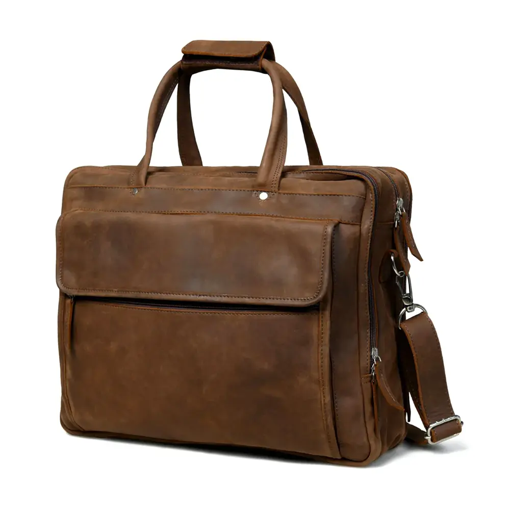Premium Full Grain Leather Laptop Briefcase – Brown Office Bag with Shoulder Strap