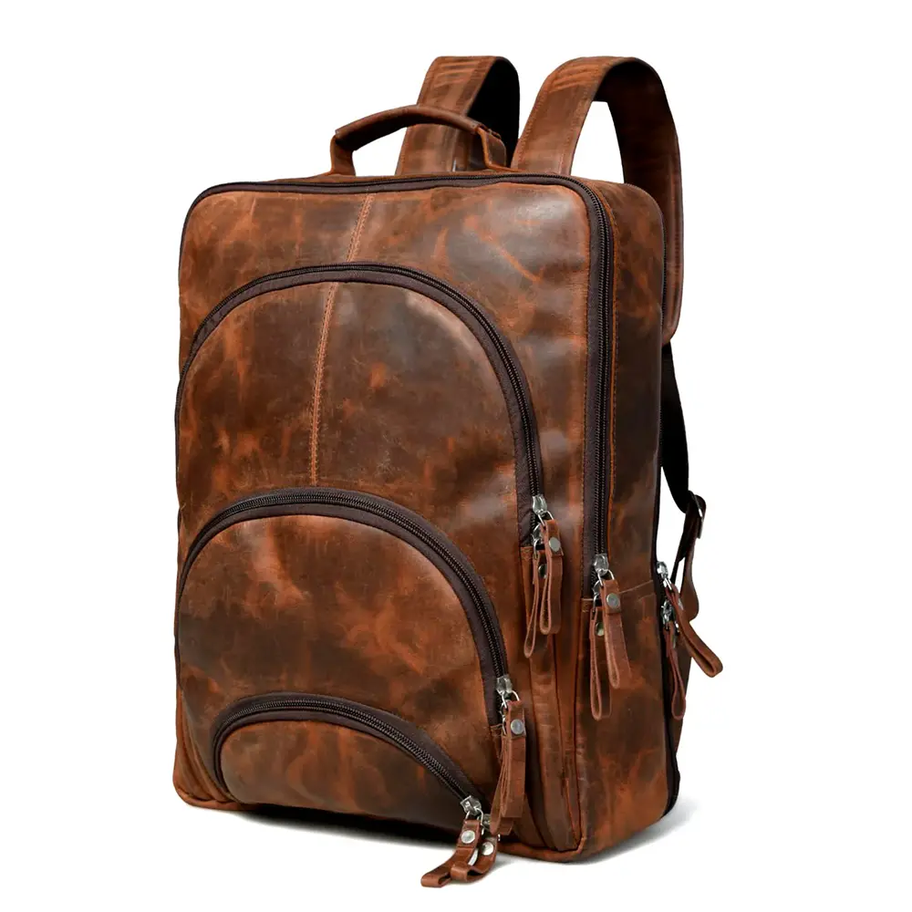 Premium Full Grain Leather Laptop Backpack – Brown Travel & Office Bag with Multiple Compartments